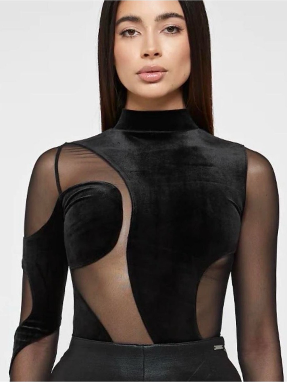 Maniere De Voir Black Velvet & Sheer Mesh Cutout Mock-Neck Bodysuit